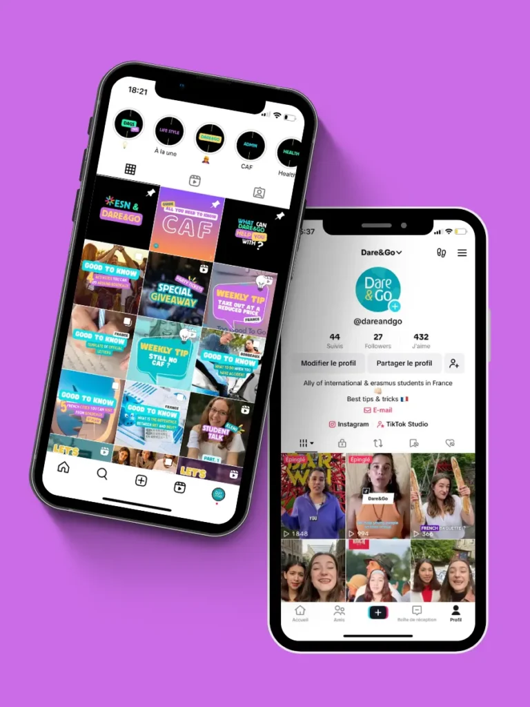 Deux smartphones affichant les profils Instagram et TikTok de Dare&Go, avec des publications contenant des astuces et des faits amusants pour les étudiants.