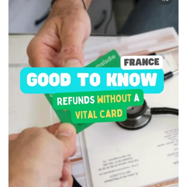 Dare&Go Instagram post showing hands holding a health card, providing tips on getting refunds without a Vital Card in France.