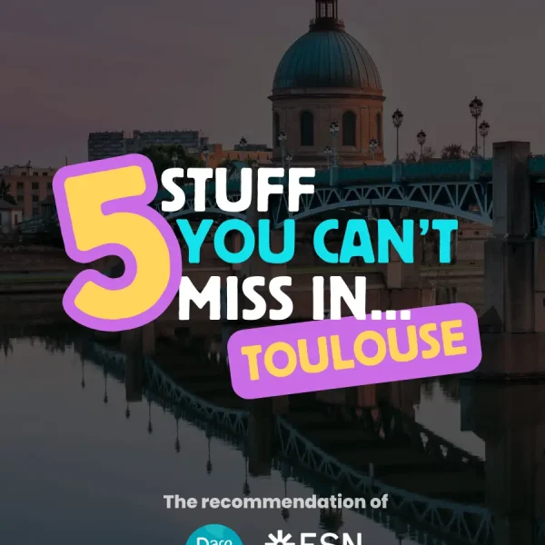 Instagram post from Dare&Go listing 5 must-see attractions in Toulouse, featuring a scenic view of the city's architecture